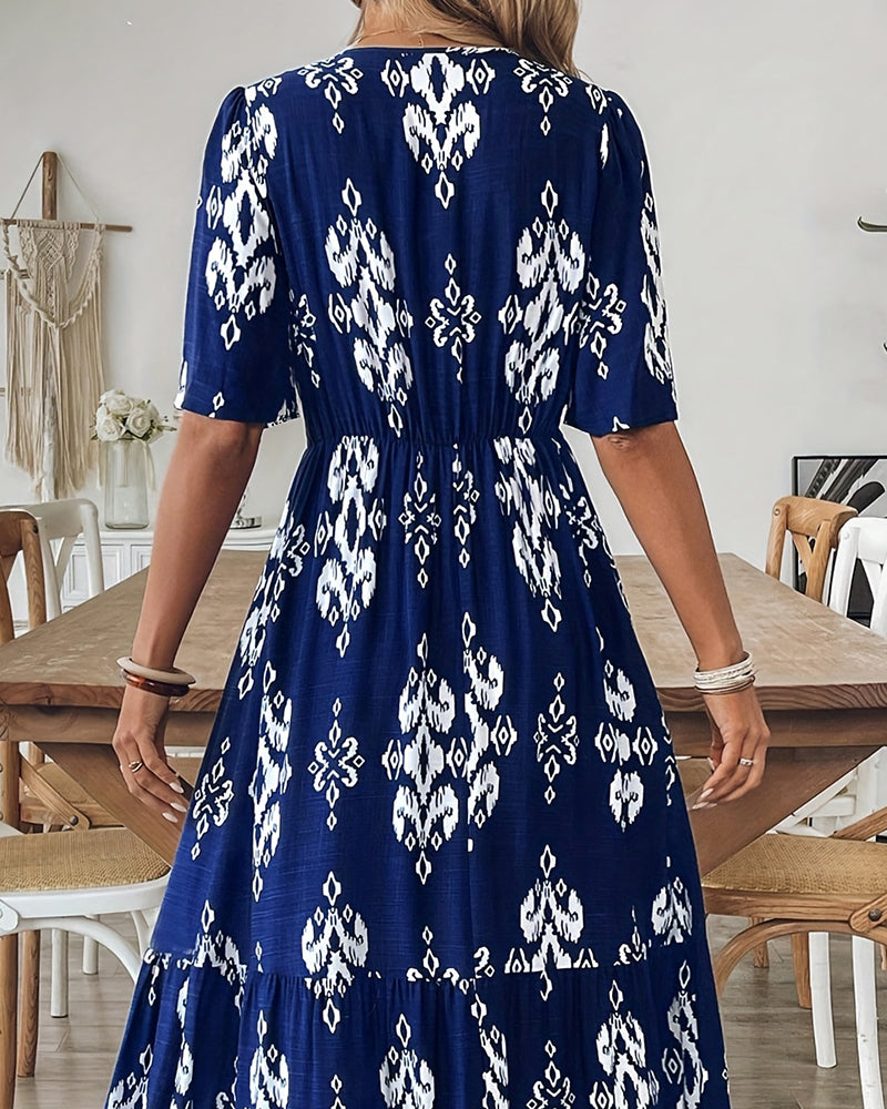 V-Neck Print Full Skirt High Waist Dress