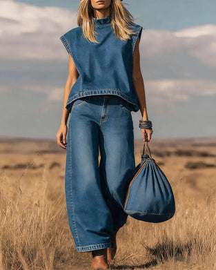 Sleeveless Curved Trousers Denim Set