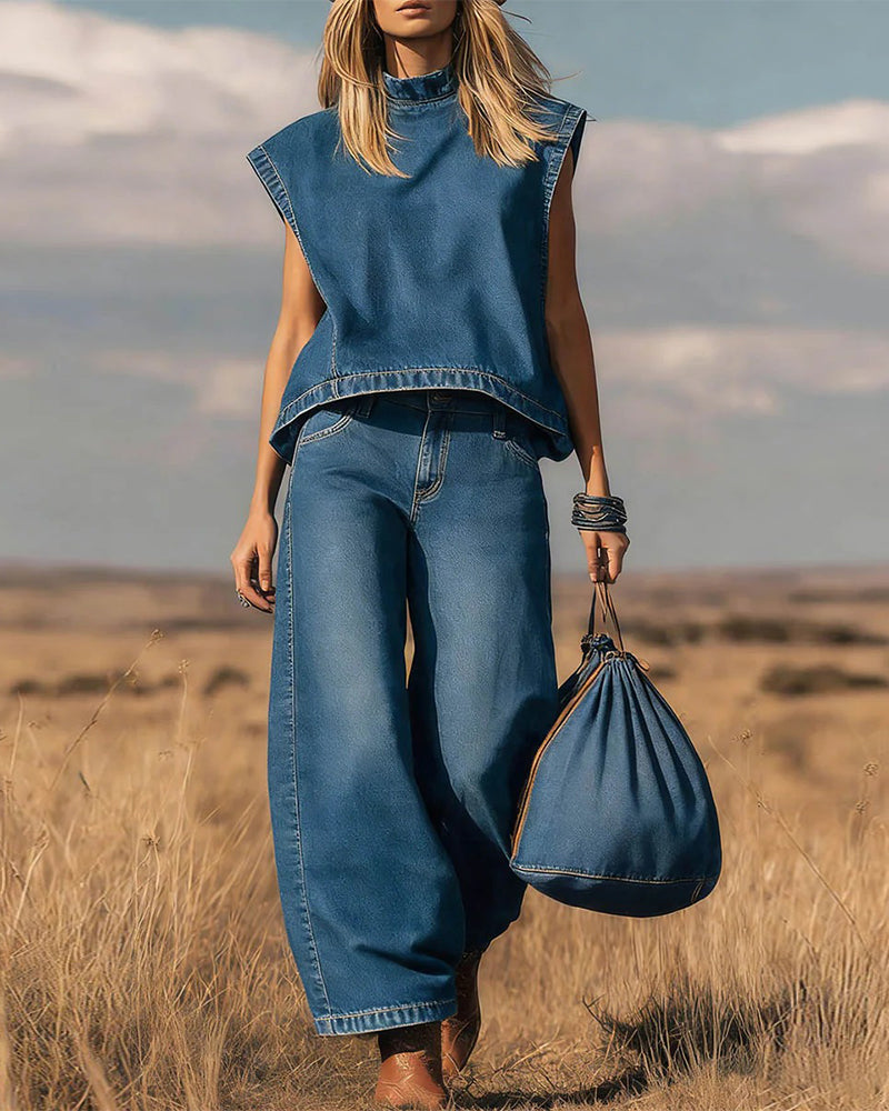 Sleeveless Curved Trousers Denim Set