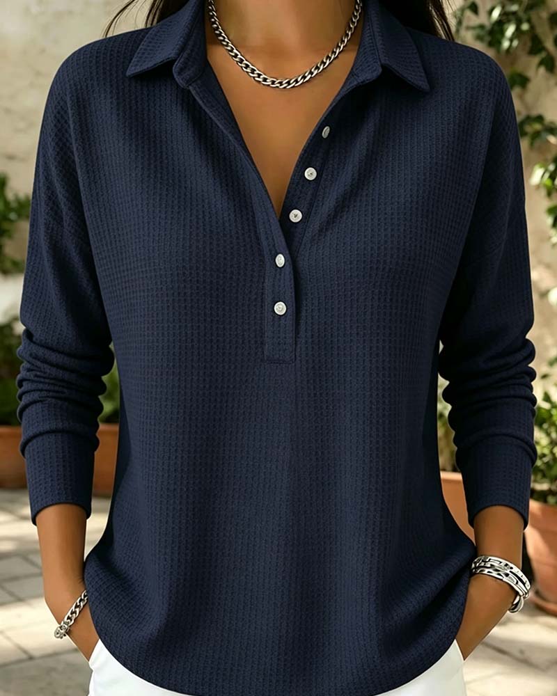 Waffle Lapel Long Sleeve Top