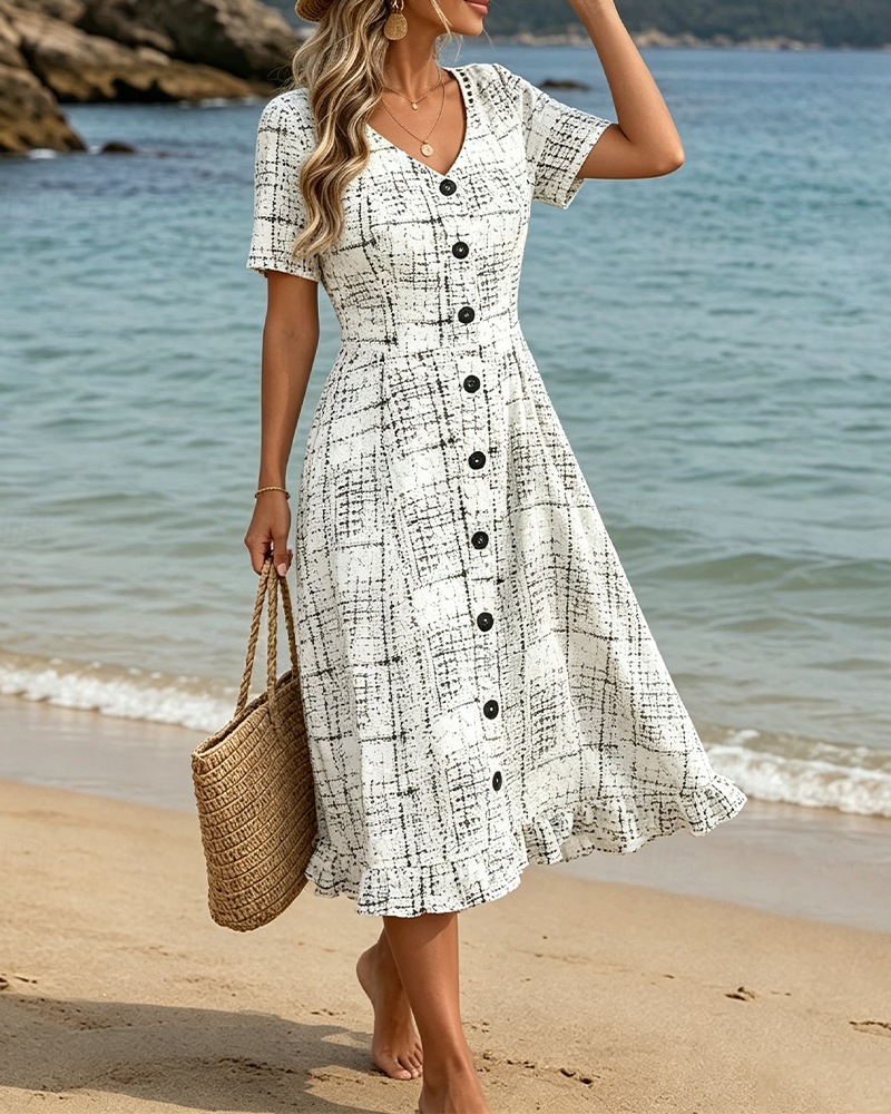 V-Neck Plaid Button Ruffle Dress
