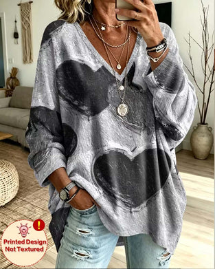Heart Print V-Neck Loose Top