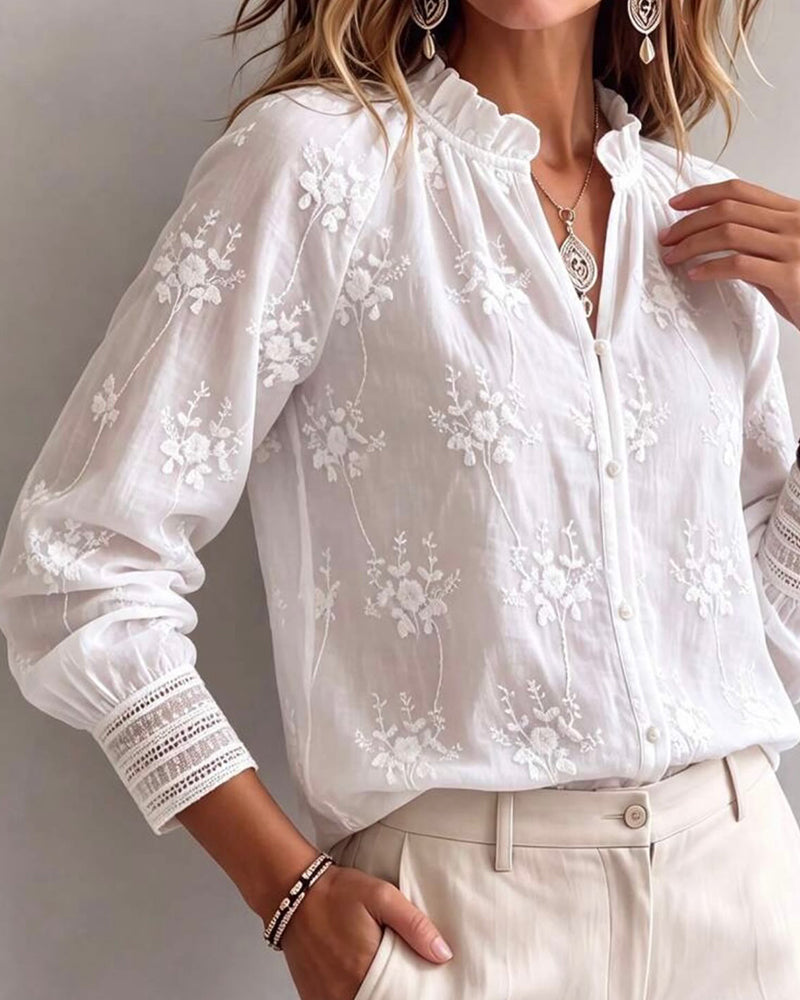 Ruffle Edge Mandarin Collar Blouse