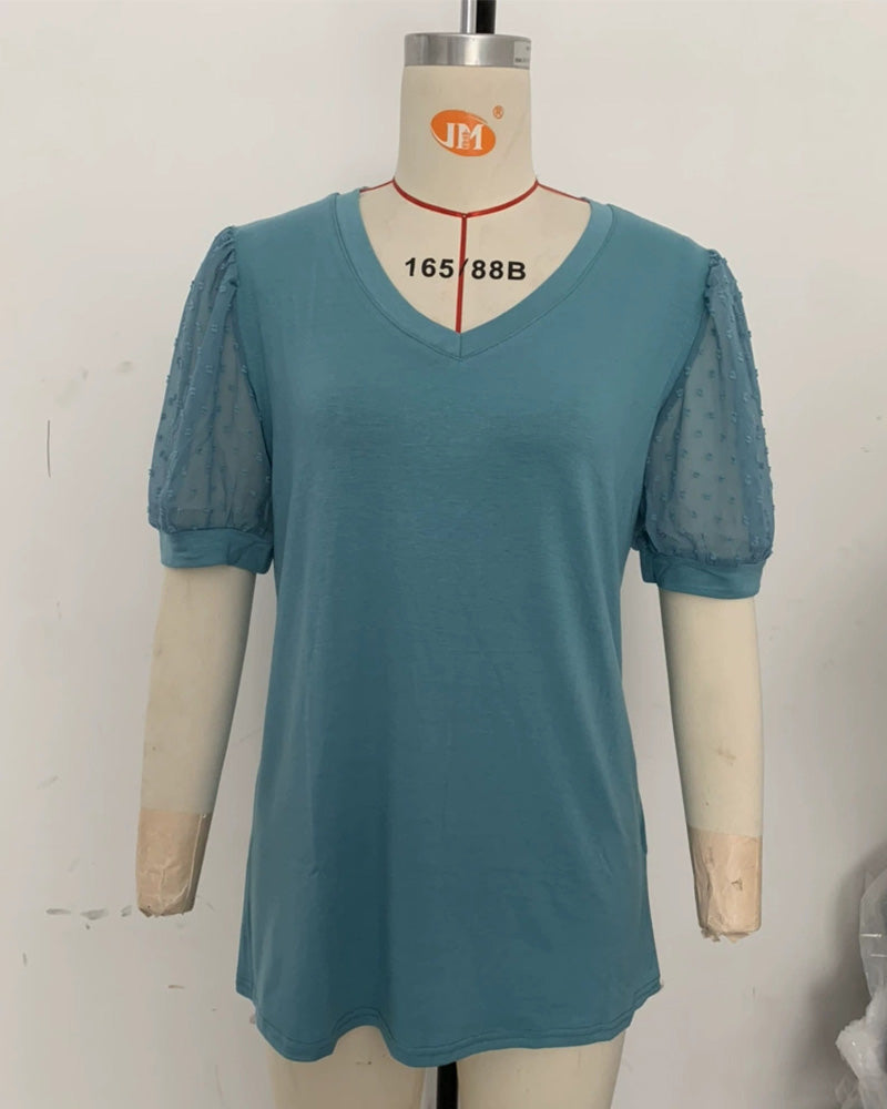 Solid Mesh Puff Sleeve Blouse