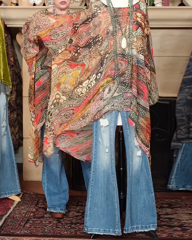 Loose Batwing Sleeve Print Blouse