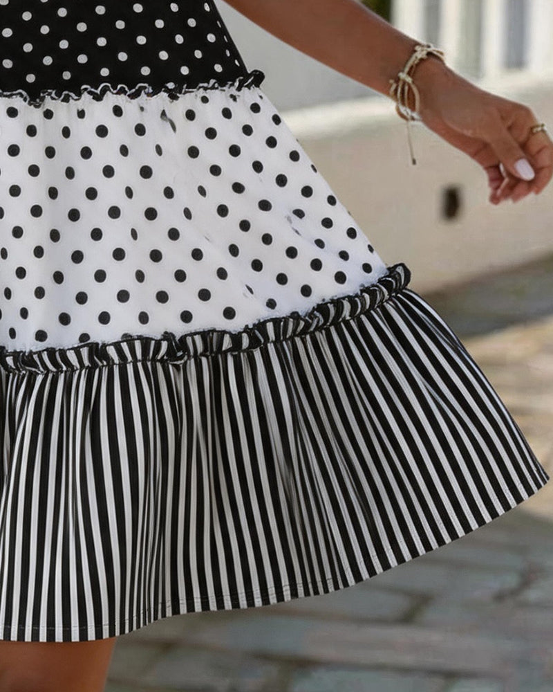 Polka Dot Stripe Tiered Spaghetti Dress