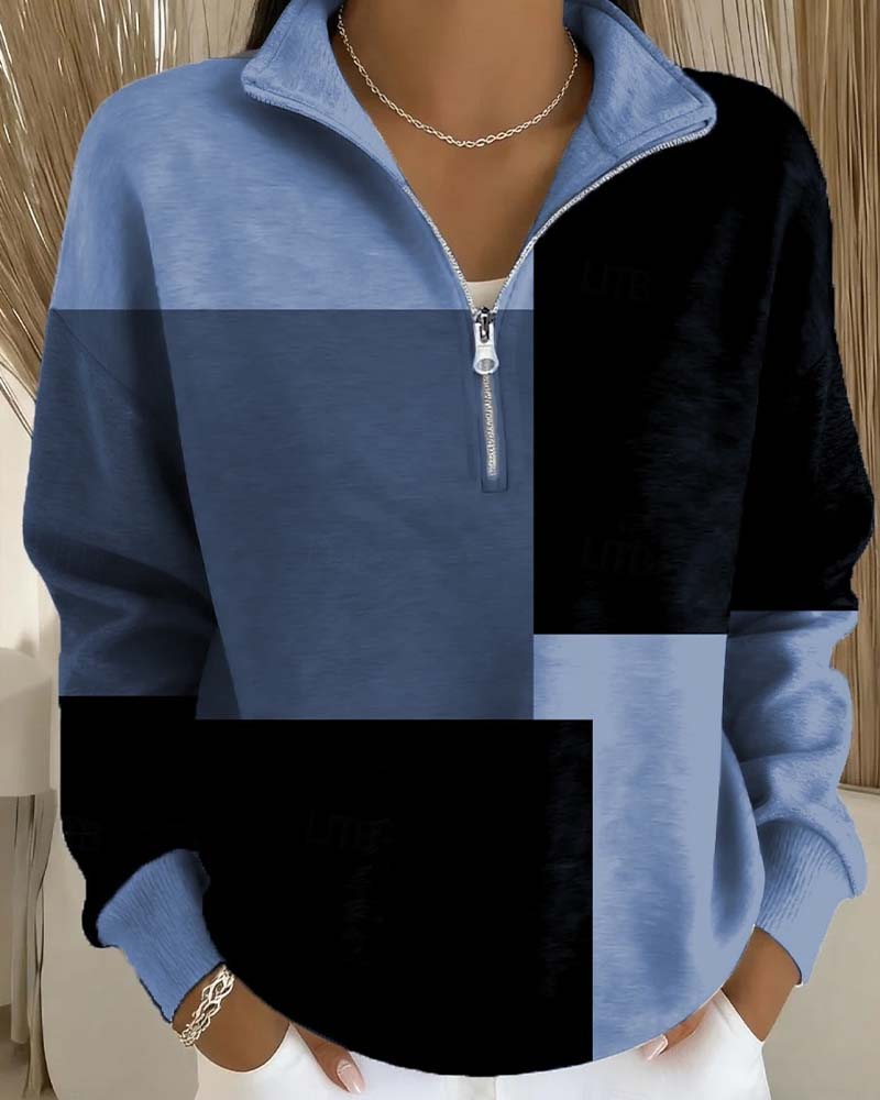 Checkered Colorblock Zip Stand-Collar Sweatshirt