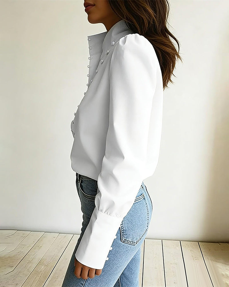 Stand Collar Button-Up Long-Sleeve Blouse
