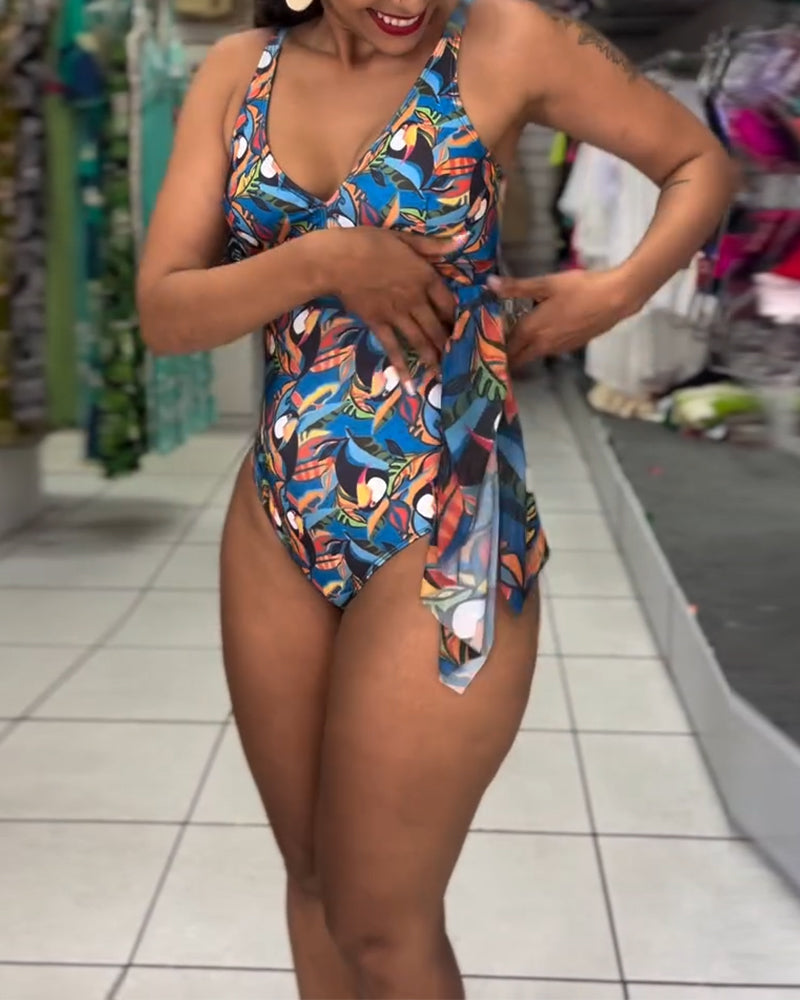 One-Piece Colorful Printed Slit Strap Swimsuit