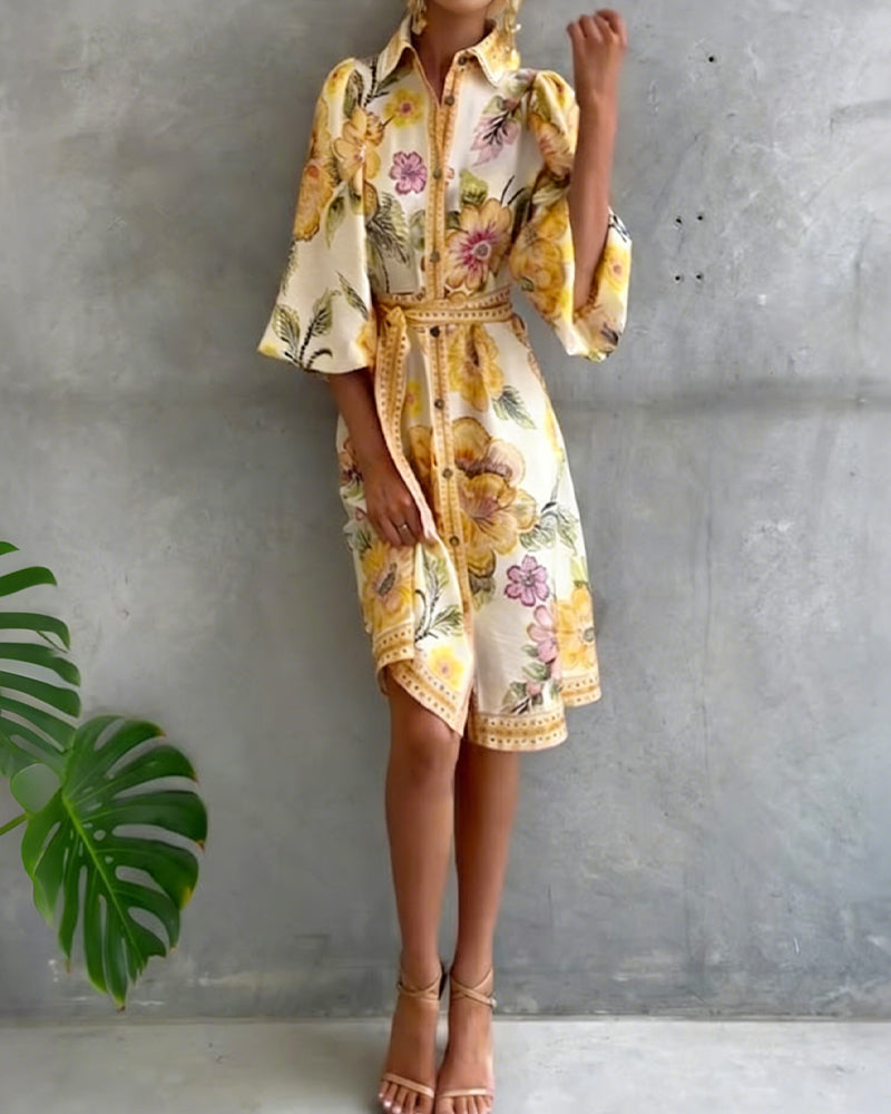 Lantern Sleeve Notched Collar Printed Dress