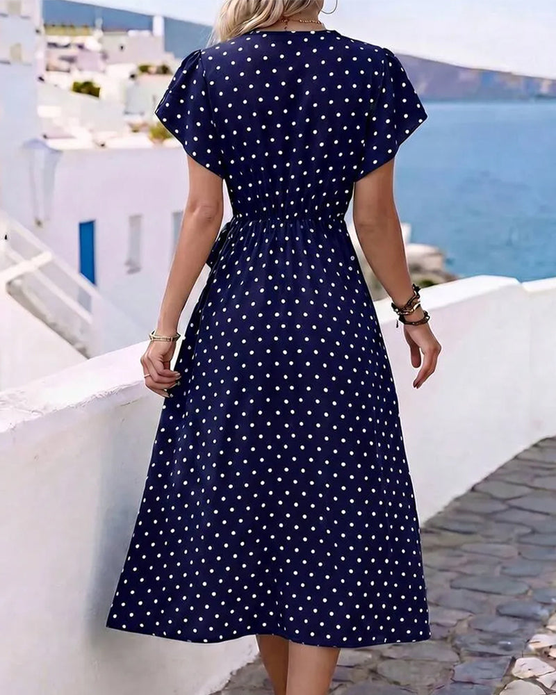 V-Neck Polka Dot Ruffle Waist Dress
