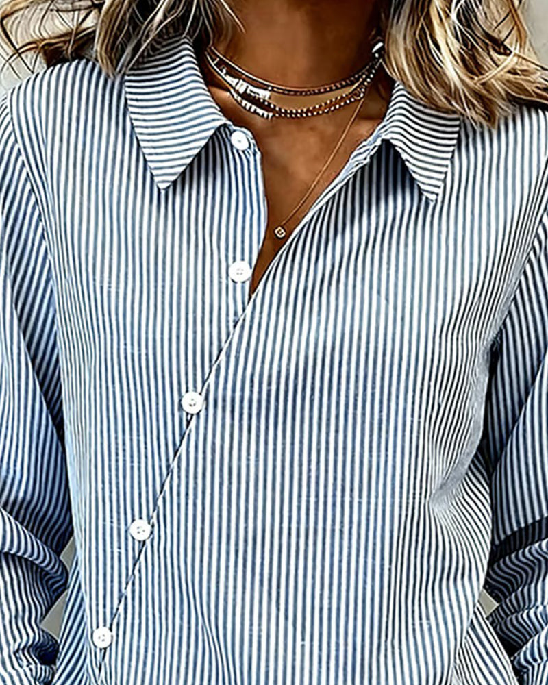 An Asymmetric Button-Down Striped Blouse