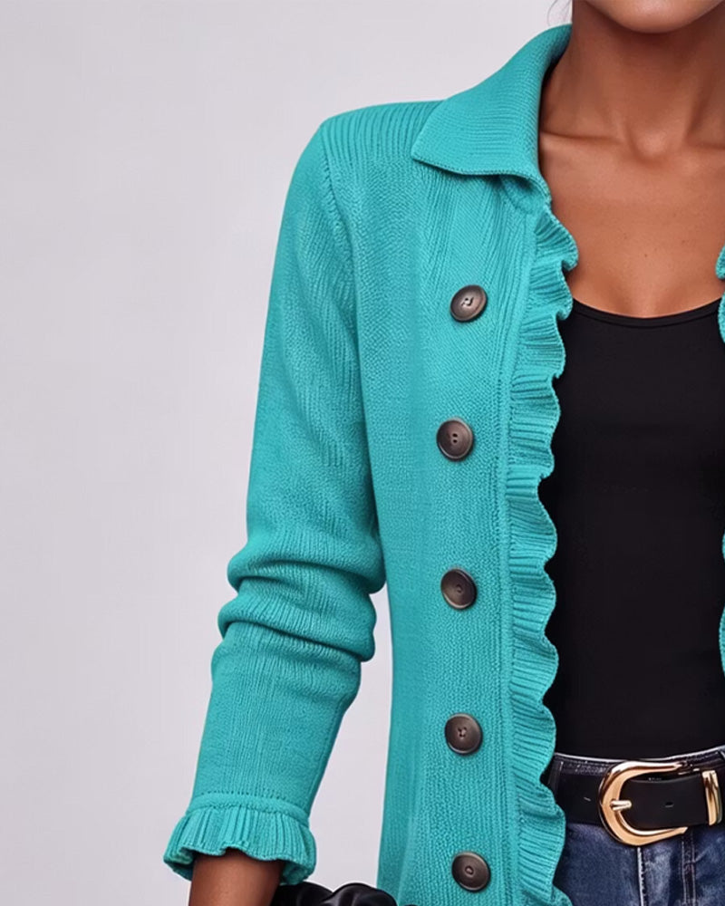 Lapel Ruffle Button Cardigan