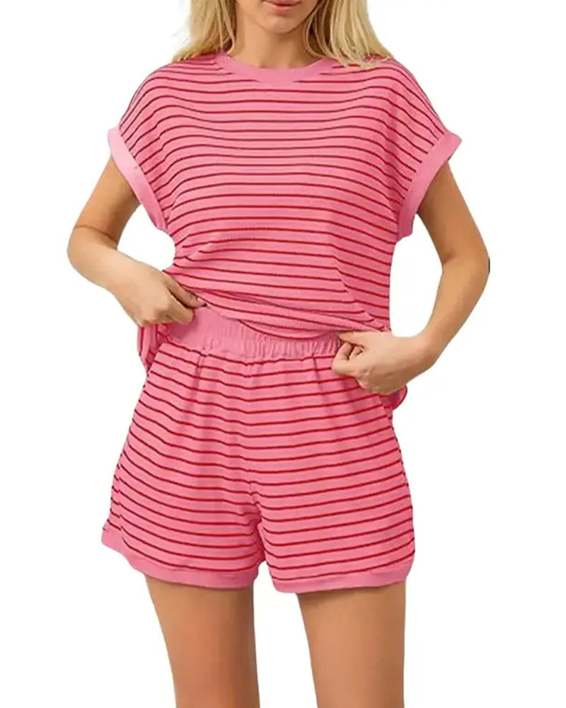 Striped Short Sleeve Shorts Set
