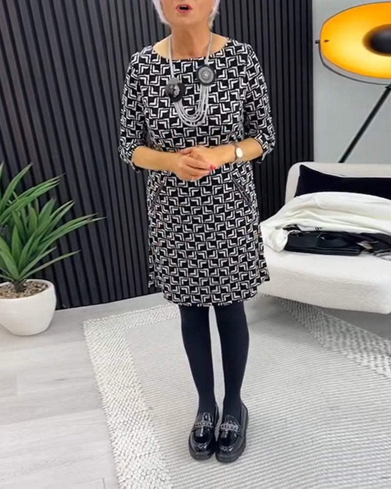 Retro geometric print round neck pocket dress