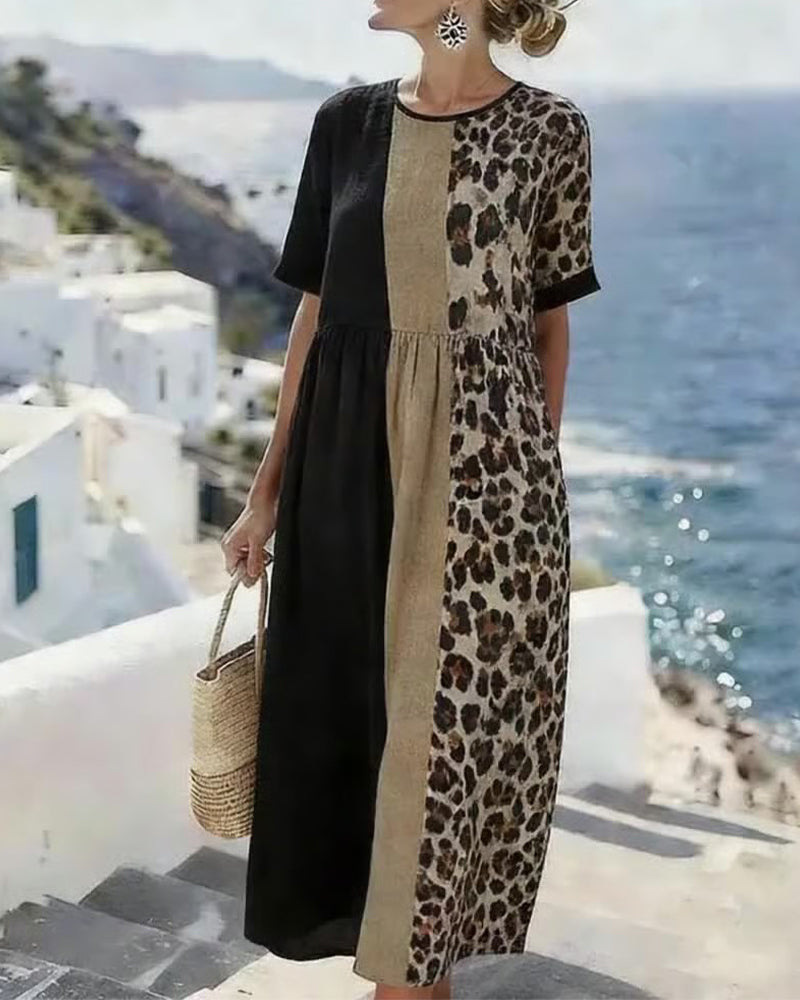 Leopard Print Patchwork Short Sleeve Dress