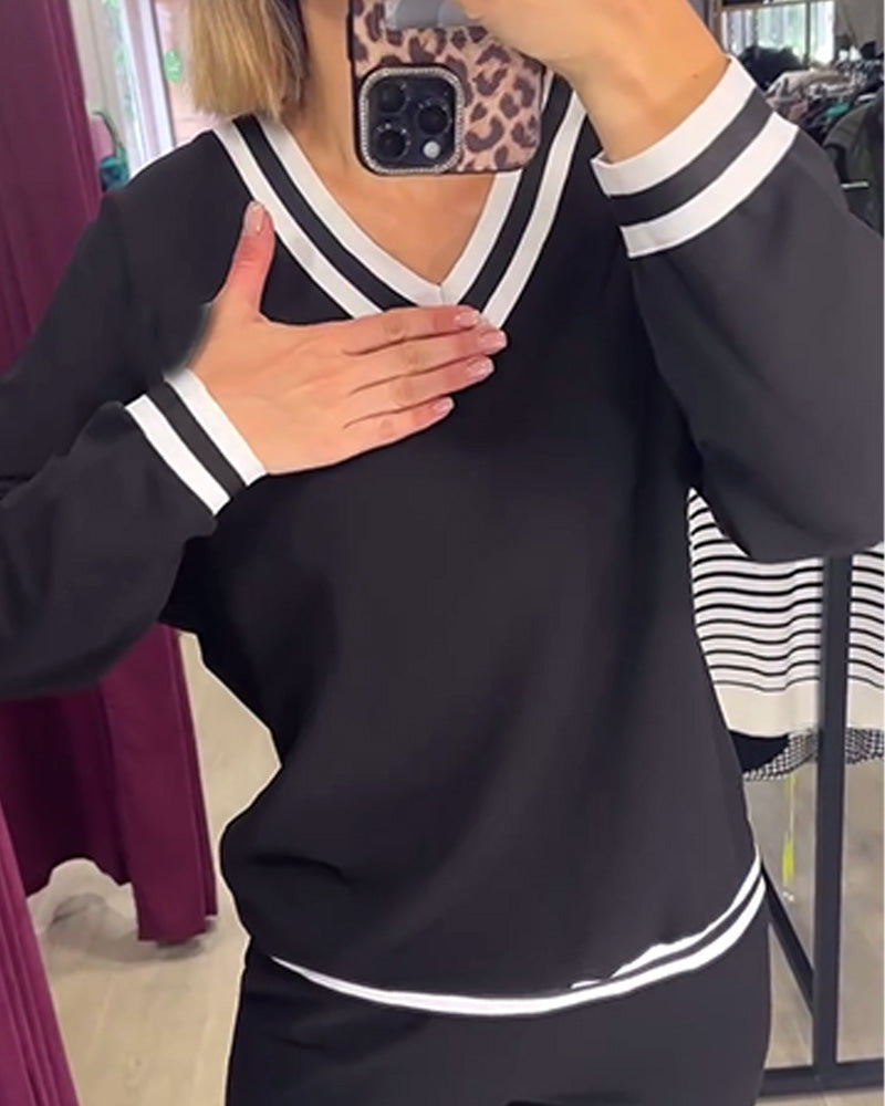 V-neck contrast striped casual suit