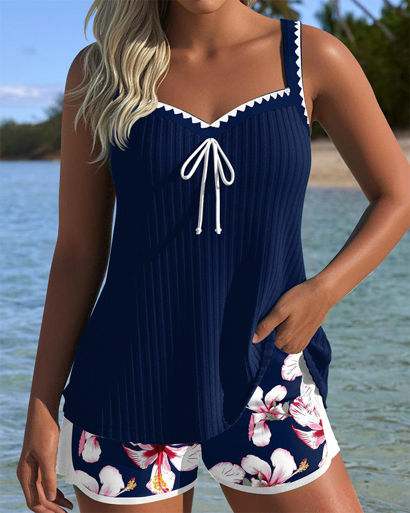 Two-Piece Ribbed Printed Boxer Tankini