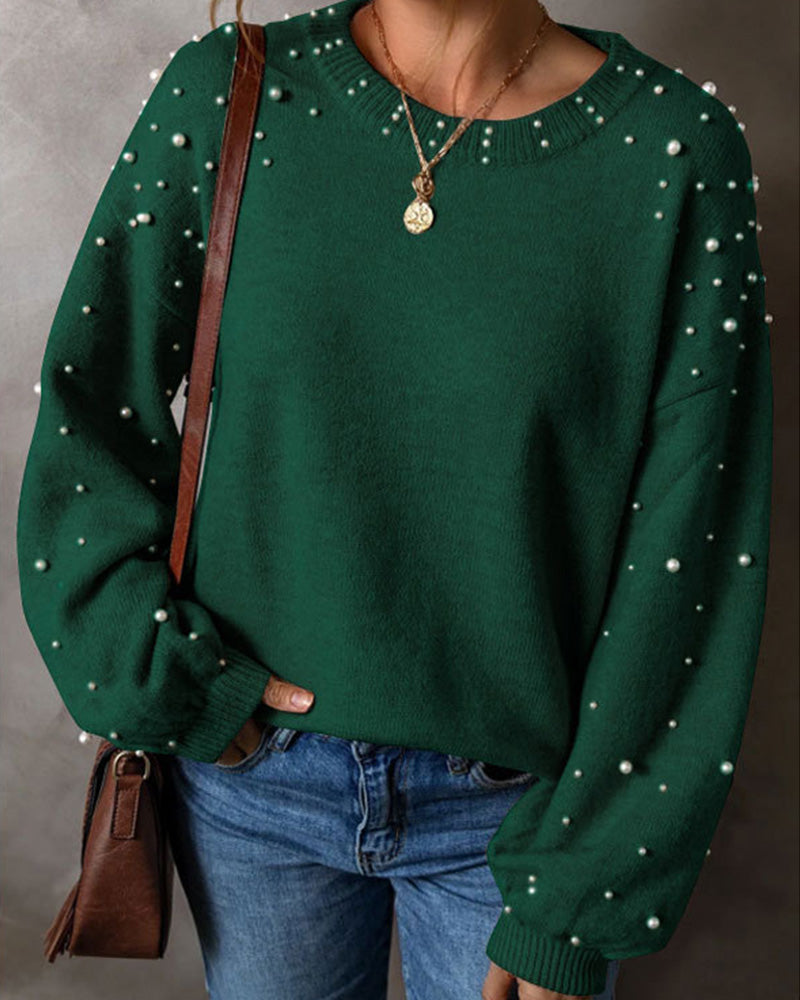 Beaded Long Sleeve Crew Neck Pullover