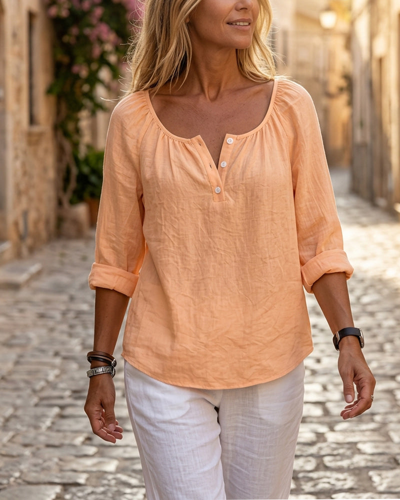 Solid-Color Half-Button Blouse