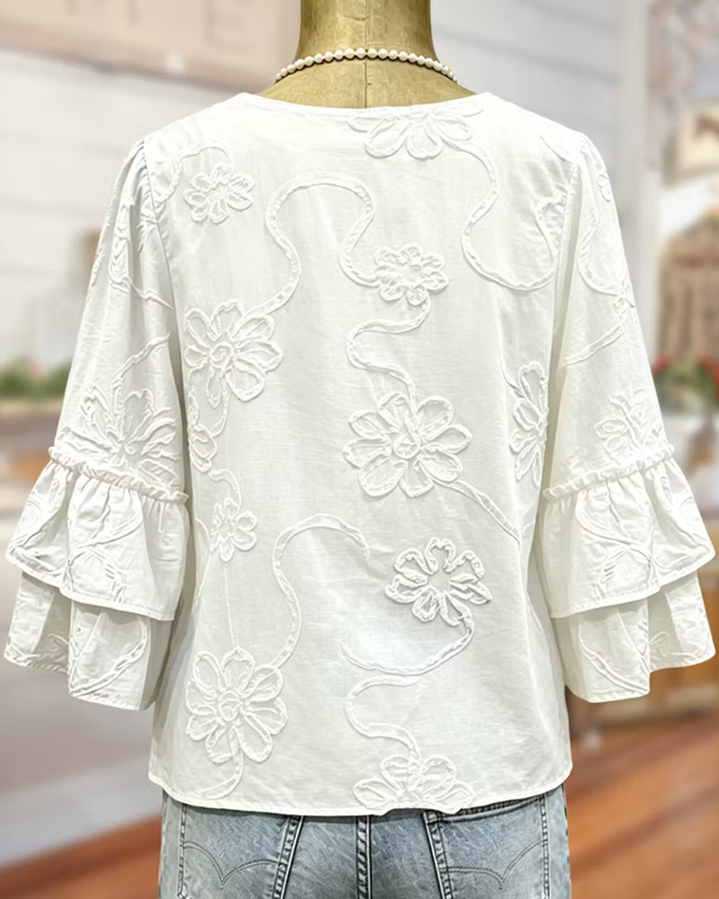Three-Dimensional Embossed Floral V-Neck Flared Sleeve Blouse