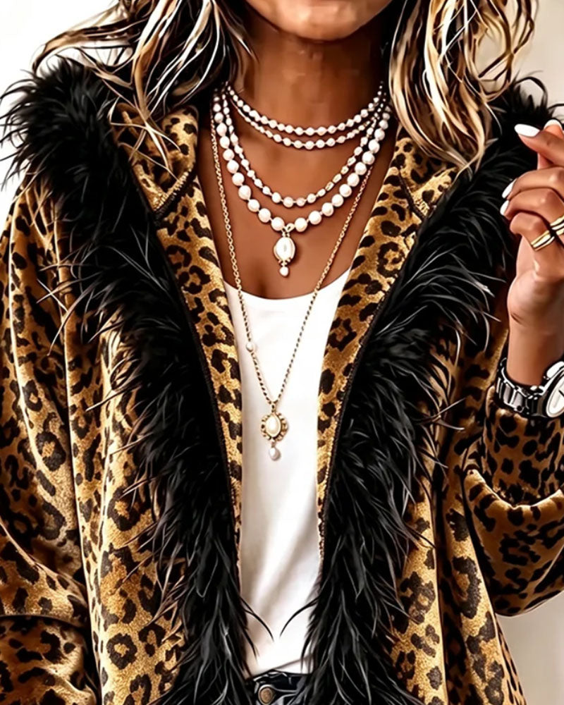 Leopard Print Plush Hooded Coat