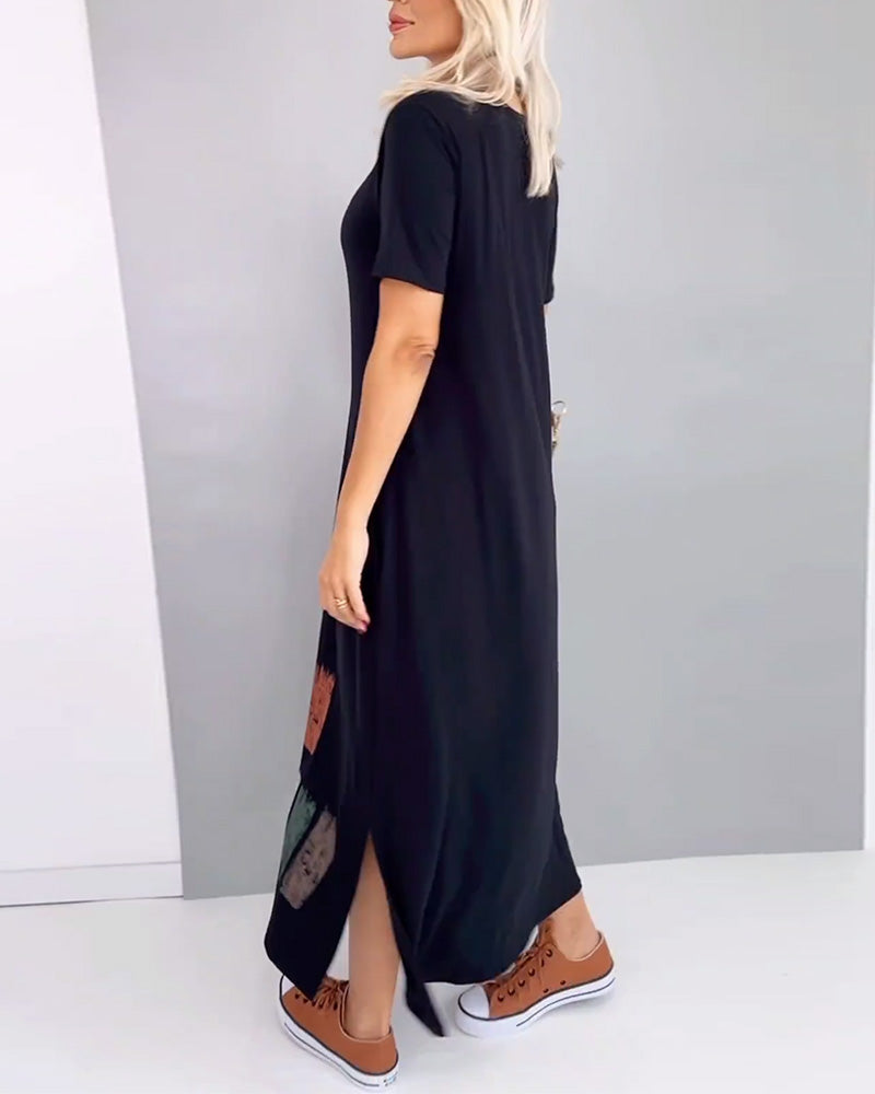 V-Neck Printed Slit Casual Short-Sleeved Dress