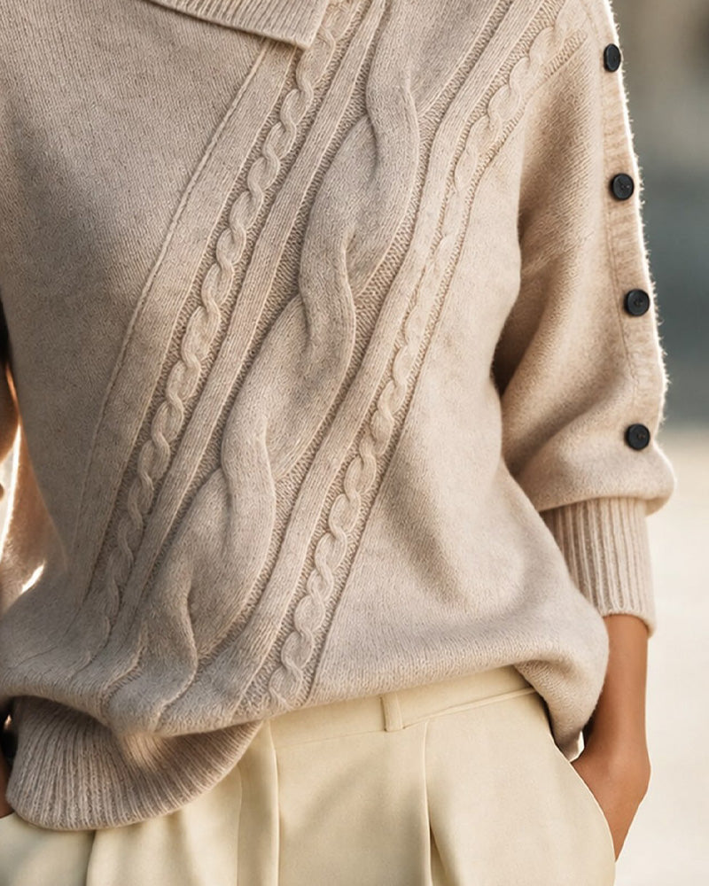 Diagonal Cable Turtleneck Button-Down Pullover