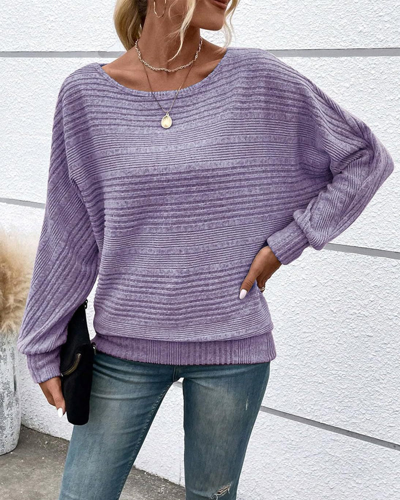 Solid Color Round Neck Long Sleeve Striped Top