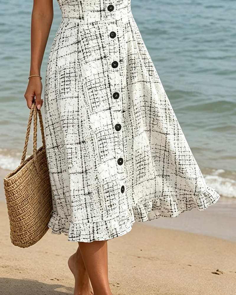 V-Neck Plaid Button Ruffle Dress