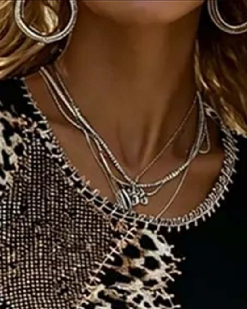 Crew Neck Leopard Print Contrast Short Sleeve Blouse