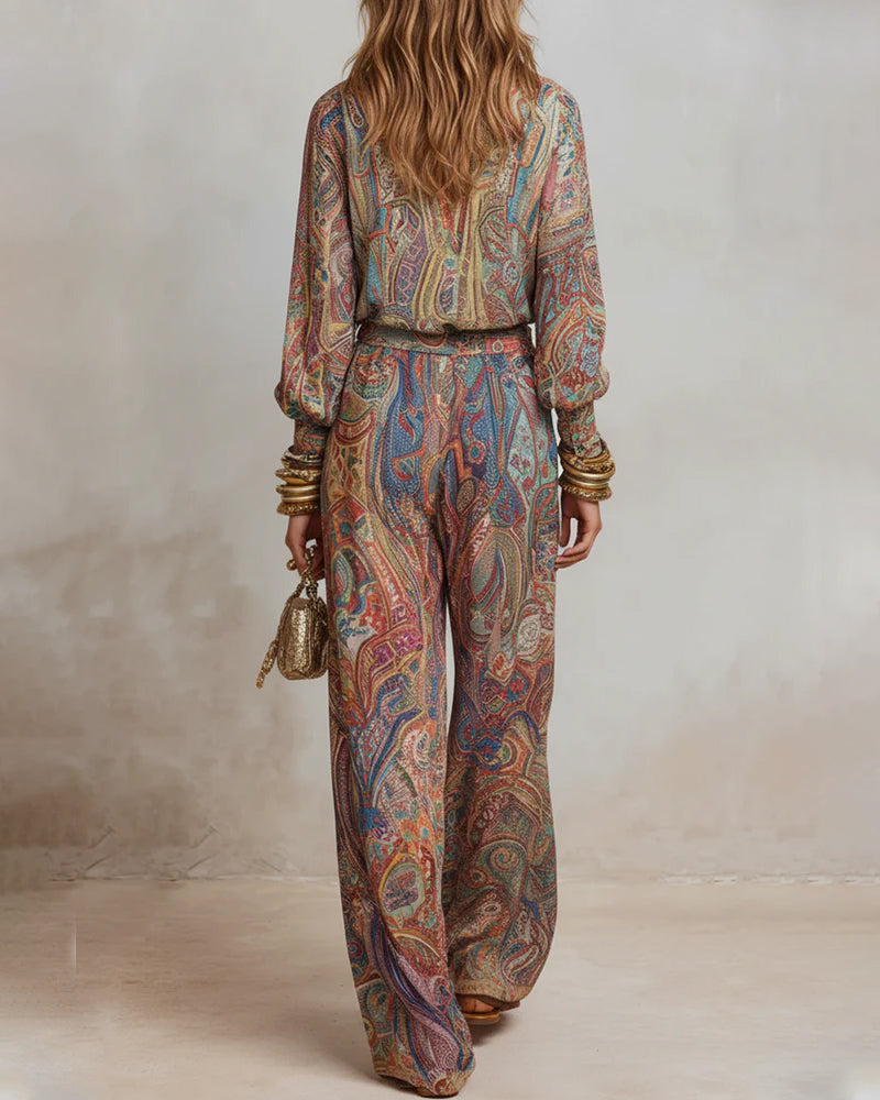 V-Neck Print Draped Casual Set