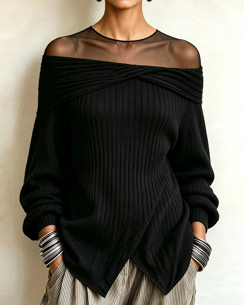 Off-Shoulder Asymmetric Mesh Pullover