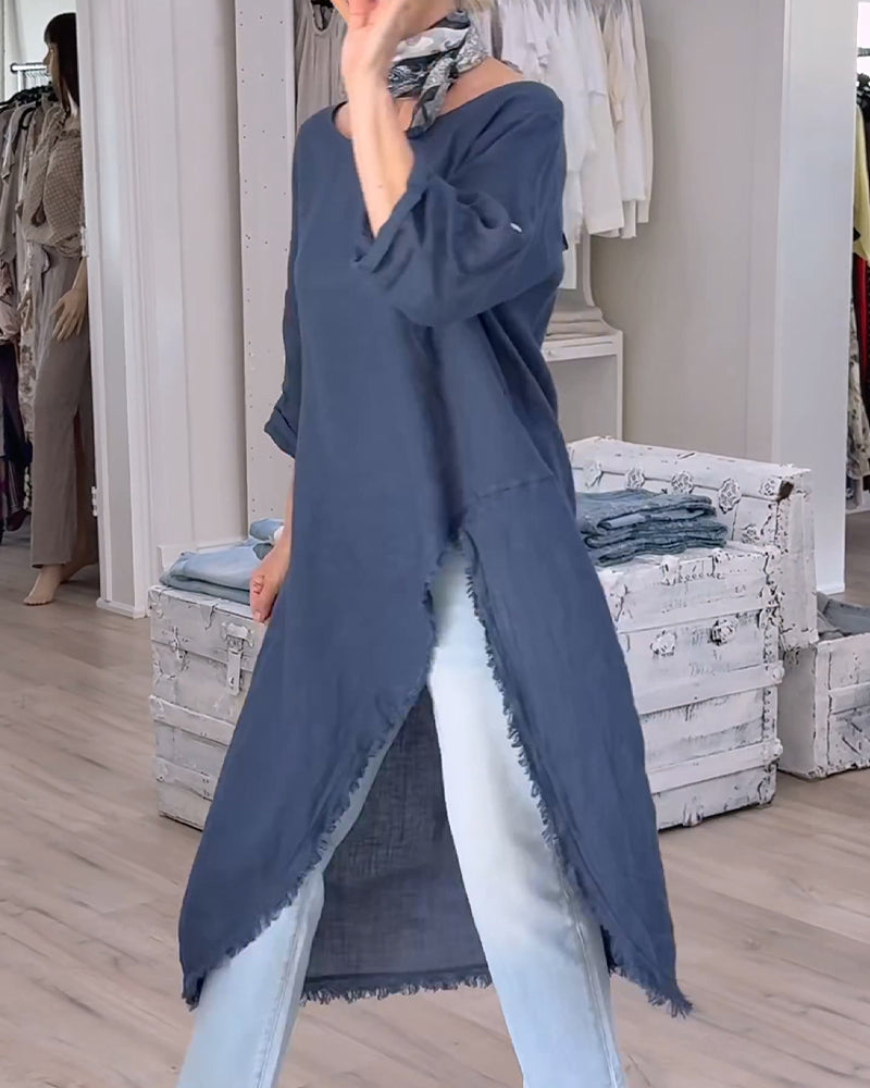 Raw-Edge Slit Asymmetrical Blouse