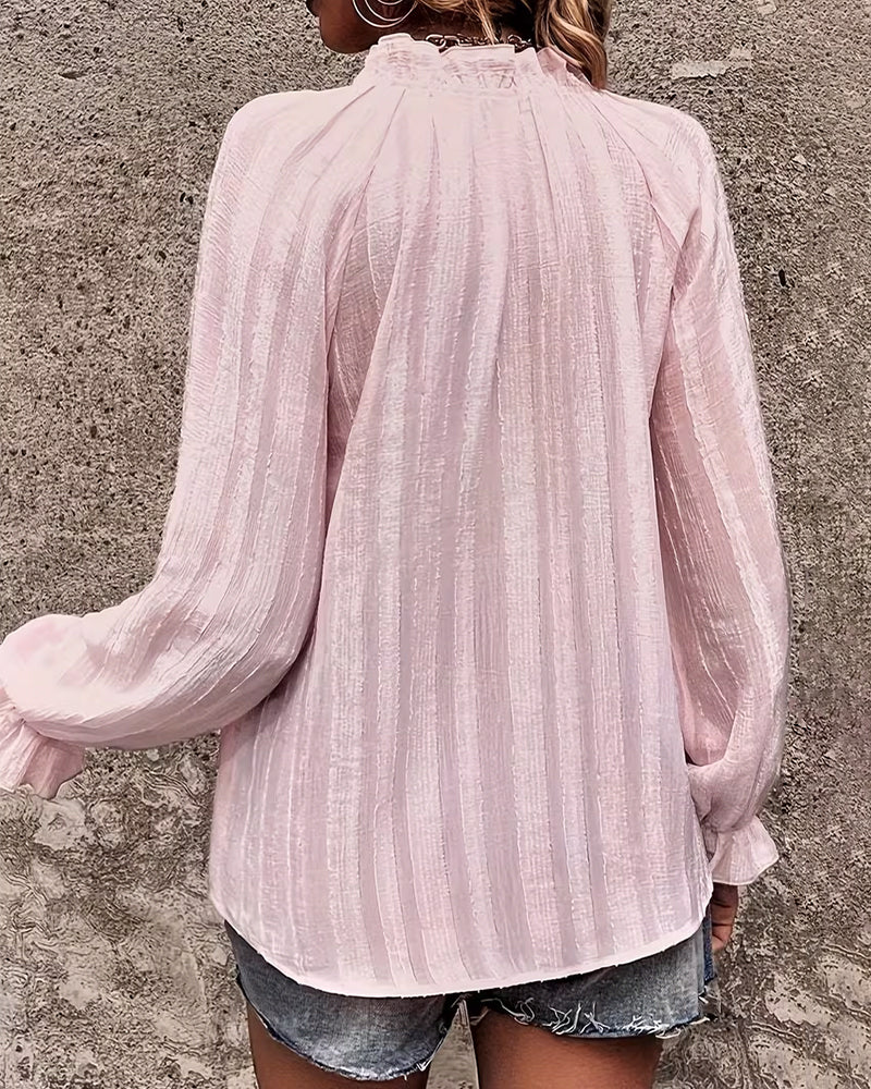 Pleated Stand Collar Ruffled Blouse