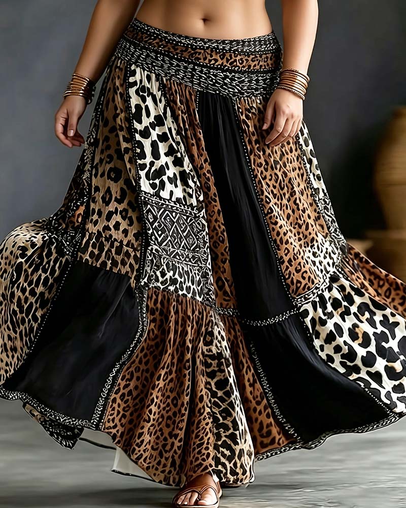 Patchwork Leopard Print Flared Skirt