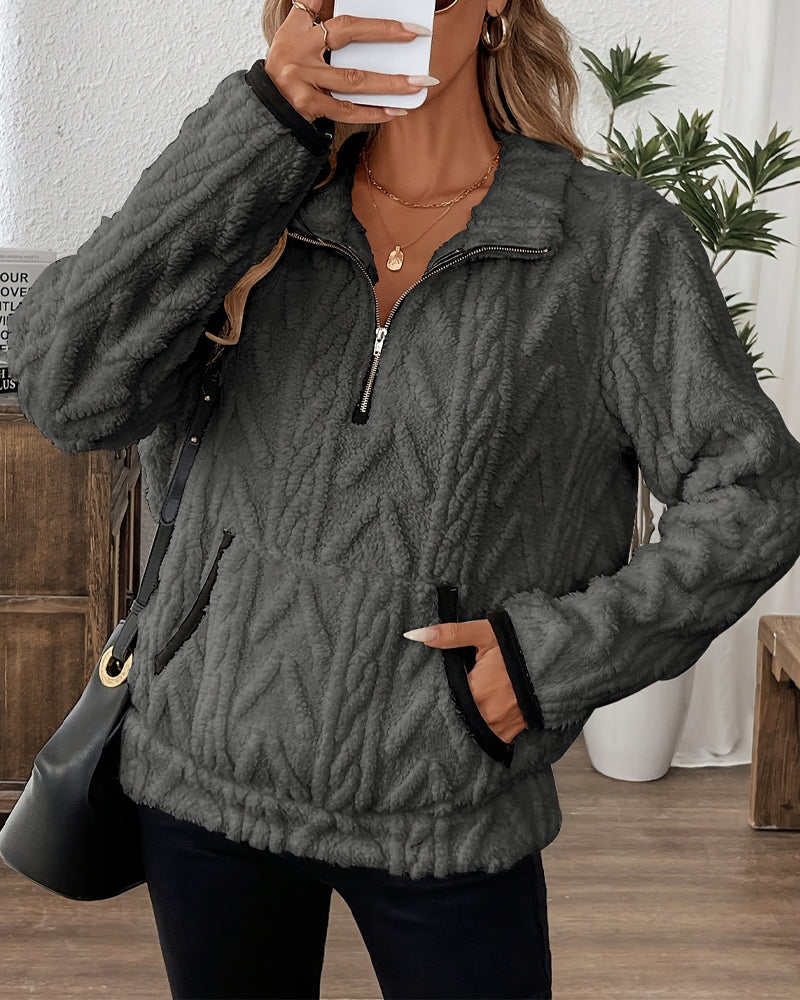Lapel Zipper Front Fuzzy Sweatshirt