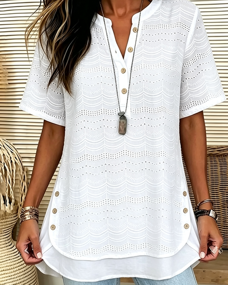 Solid Color V-Neck Button Hollow Up Blouse