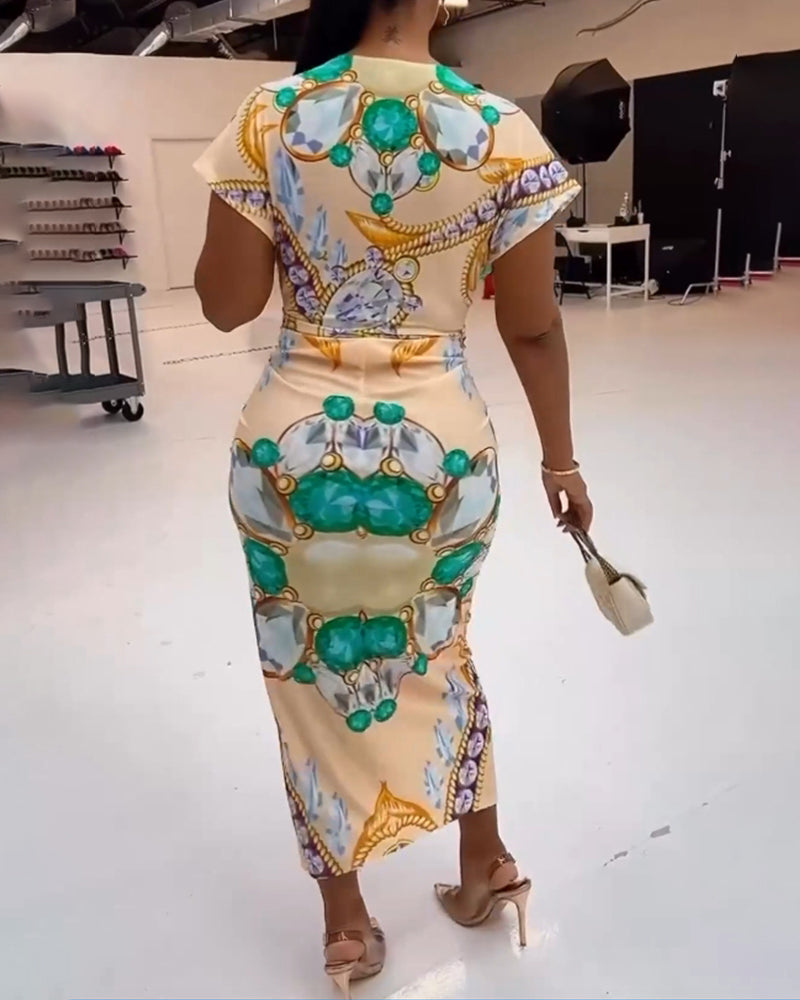 Deep V slit waist printed dress