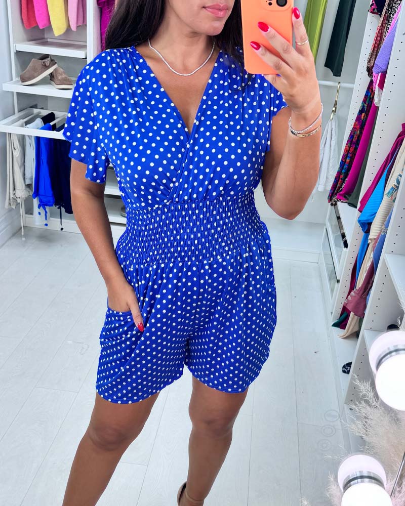 Casual polka dot printed V-neck short-sleeve jumpsuit