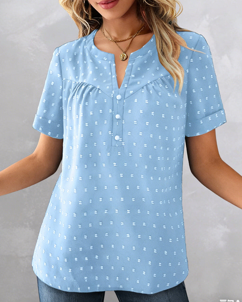 Jacquard V-Neck Half-Placket Short Sleeve Blouse