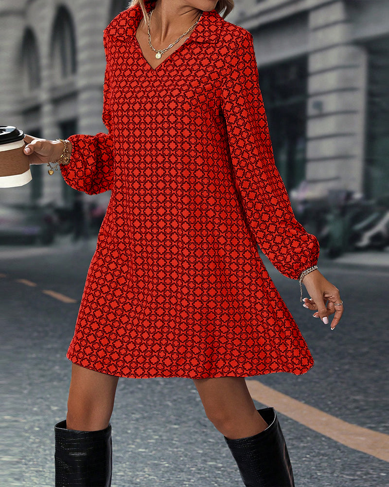 Lapel Long Sleeve Printed Dress
