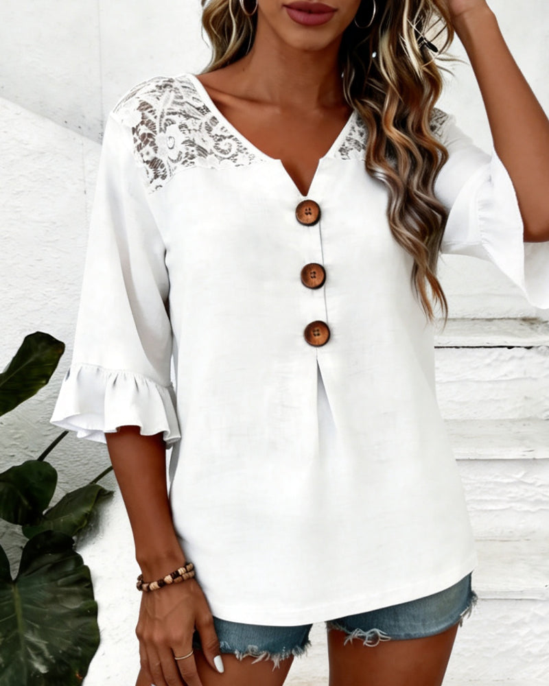 Ruffle V-Neck Lace Patchwork Blouse