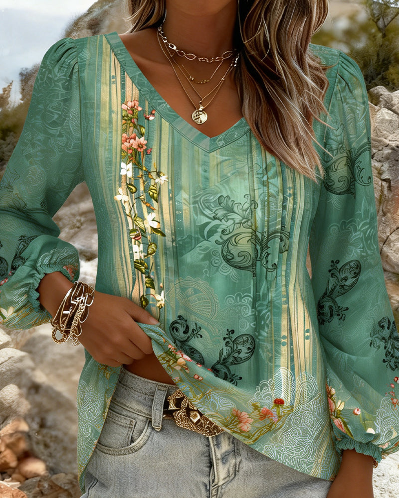 Floral V-Neck Puff Sleeve Blouse