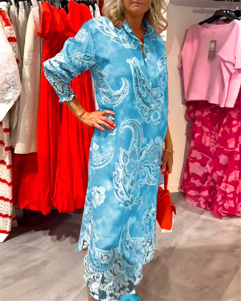 Stand Collar Long Sleeve Cashew Print Dress