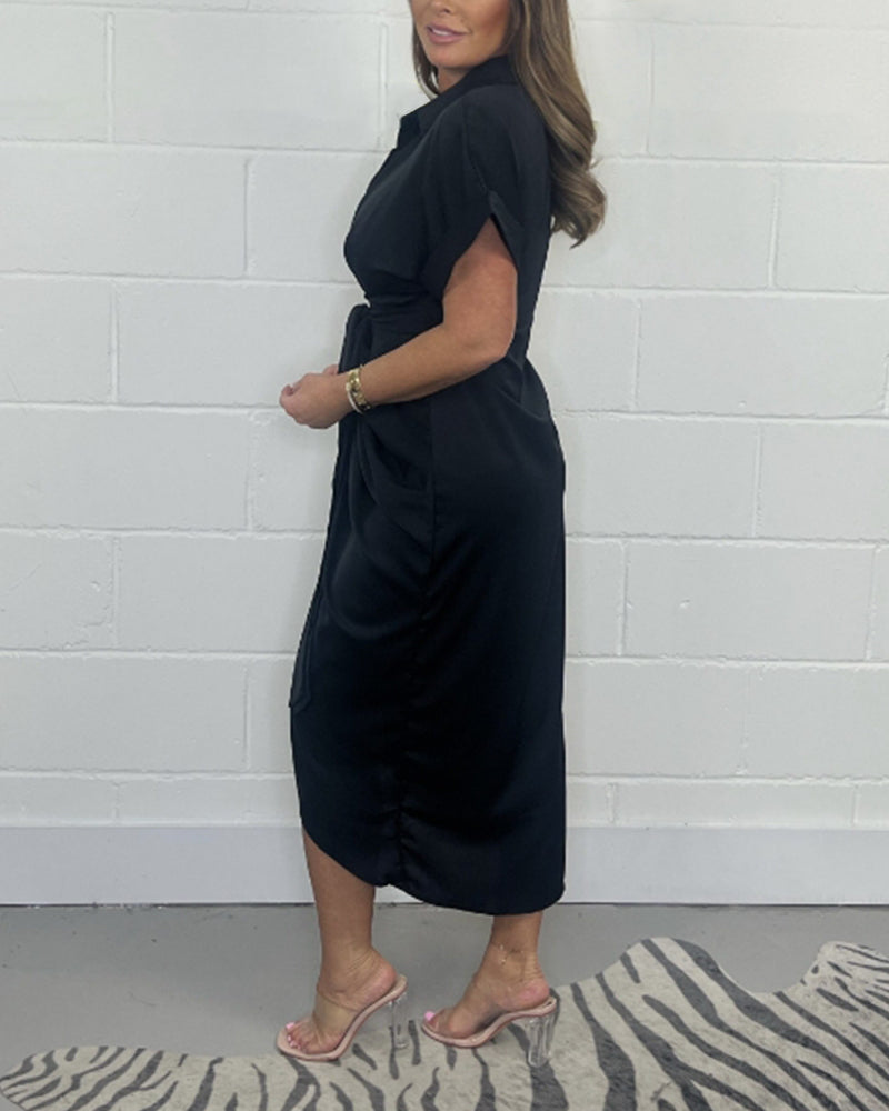 Elegant Pleated Shirt Neck Dress