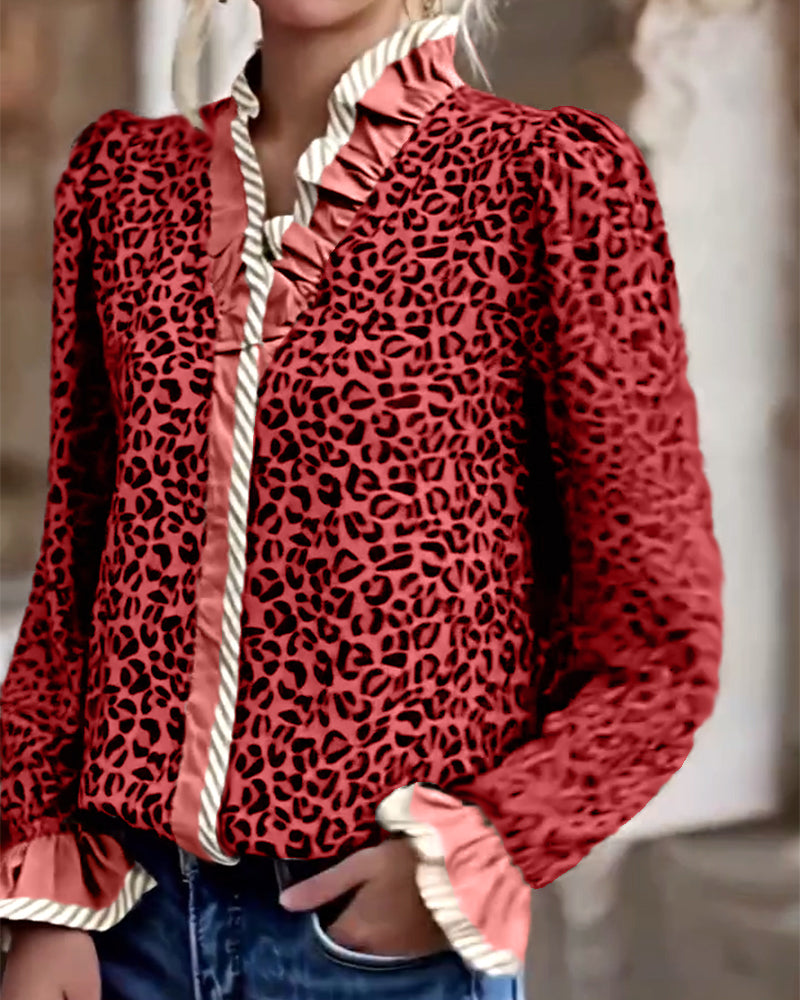 Casual Leopard Print Long-Sleeved Blouse