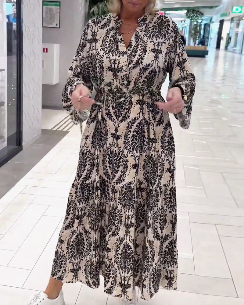 Printed bell sleeve drawstring dress