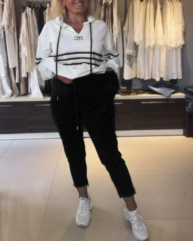 Casual striped print hooded sweatshirt set