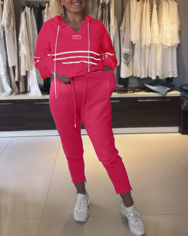 Casual striped print hooded sweatshirt set